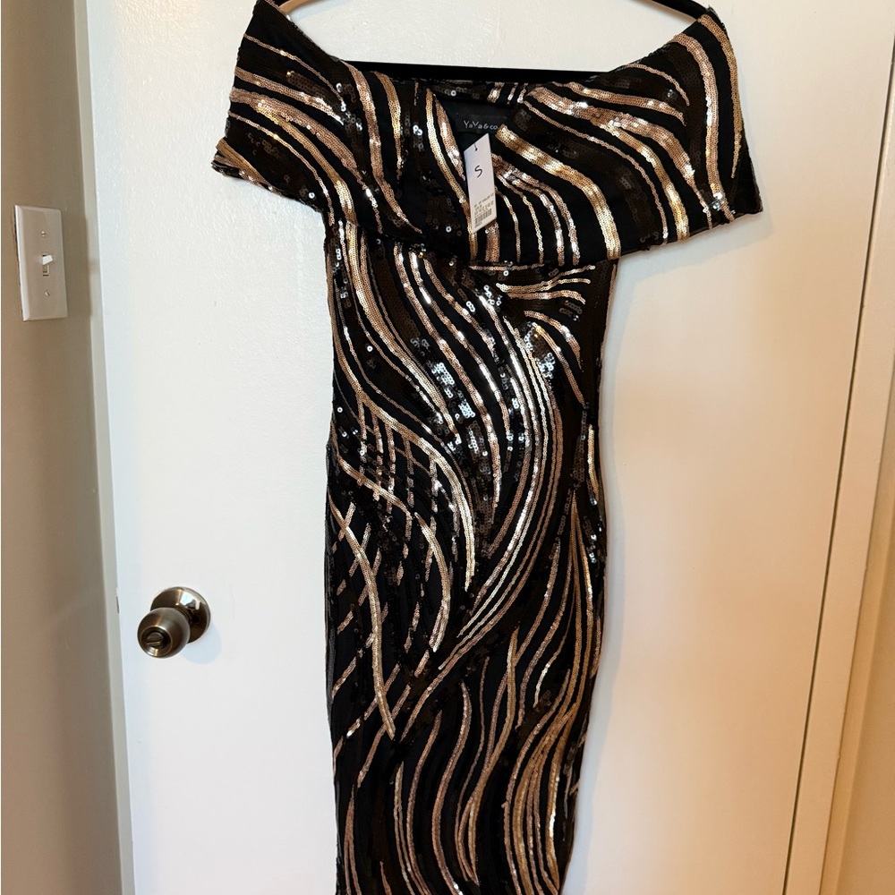 Ya Ya Club Strapless Black and Gold Sequin Dress